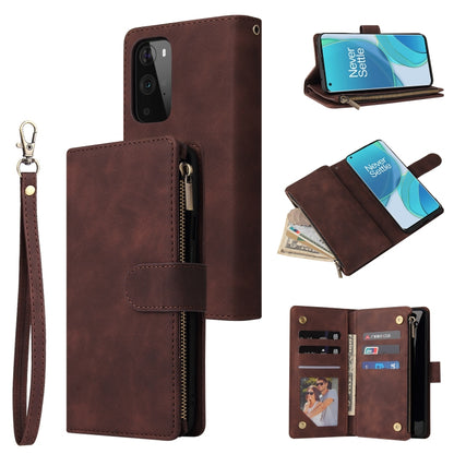 Brown leather phone wallet case with zipper, card slots, and wrist strap.