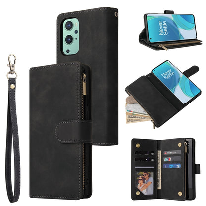 Black leather zipper wallet phone case with wrist strap, card slots, and zipper closure