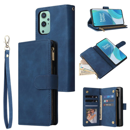 Blue leather phone wallet case with wrist strap, zip compartment, and card pockets.