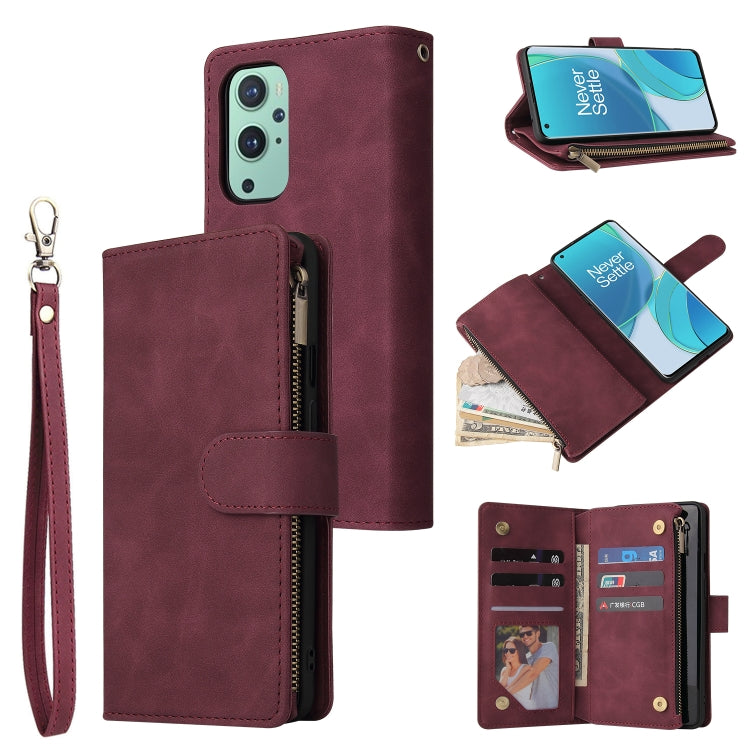 Wine red leather phone wallet case with zipper closure, flip cover, and wrist strap.