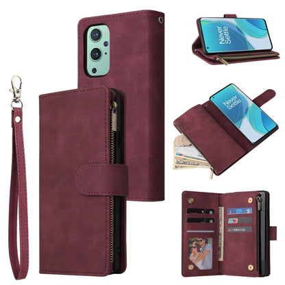 Wine red leather phone wallet case with zipper closure, flip cover, and wrist strap.