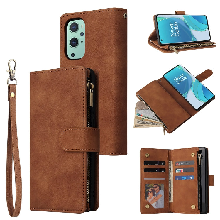 Warm brown leather phone wallet case with frosted zipper, card slots, and wrist strap.