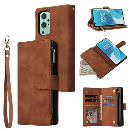 Warm brown leather phone wallet case with frosted zipper, card slots, and wrist strap.