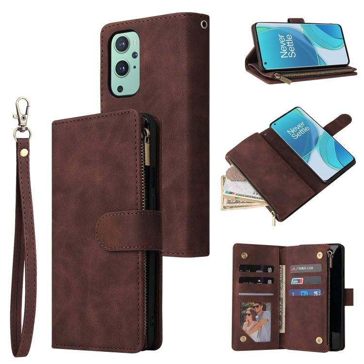 Brown leather phone wallet case with zipper closure, card compartments, and strap.
