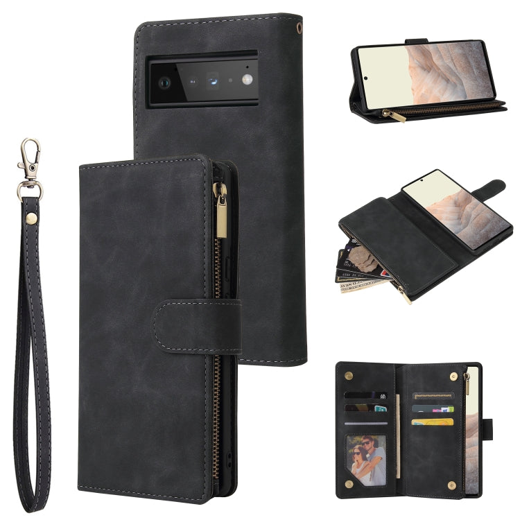 Black leather phone wallet case with wrist strap, zip pocket, and card slots.