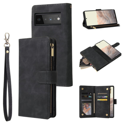Black leather phone wallet case with wrist strap, zip pocket, and card slots.