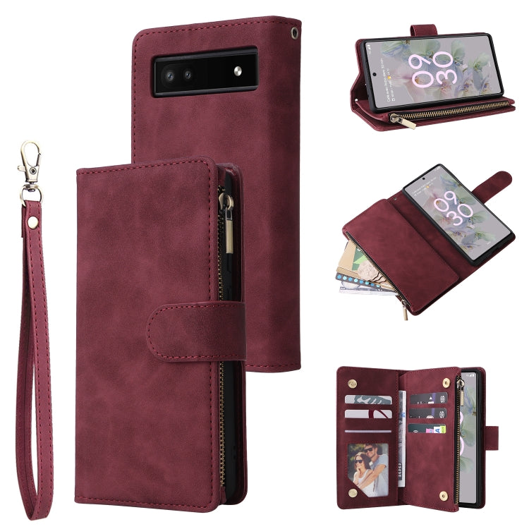 Wine red leather phone wallet case with frosted zipper, card slots, and wrist strap.