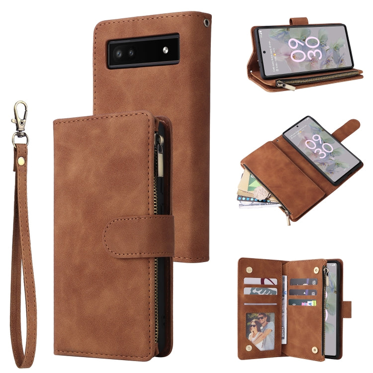Brown leather phone wallet case with zipper, card slots, and wrist strap.