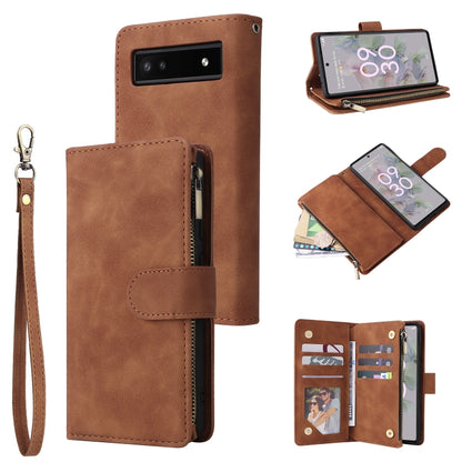 Brown leather phone wallet case with zipper, card slots, and wrist strap.