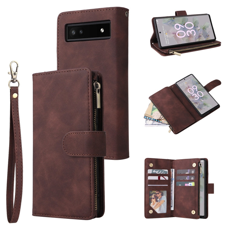 Brown leather wallet phone case with zipper, wrist strap, card slots and ID window