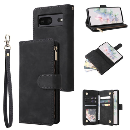 Black leather phone wallet case with wrist strap, side zipper pocket, and card holder.