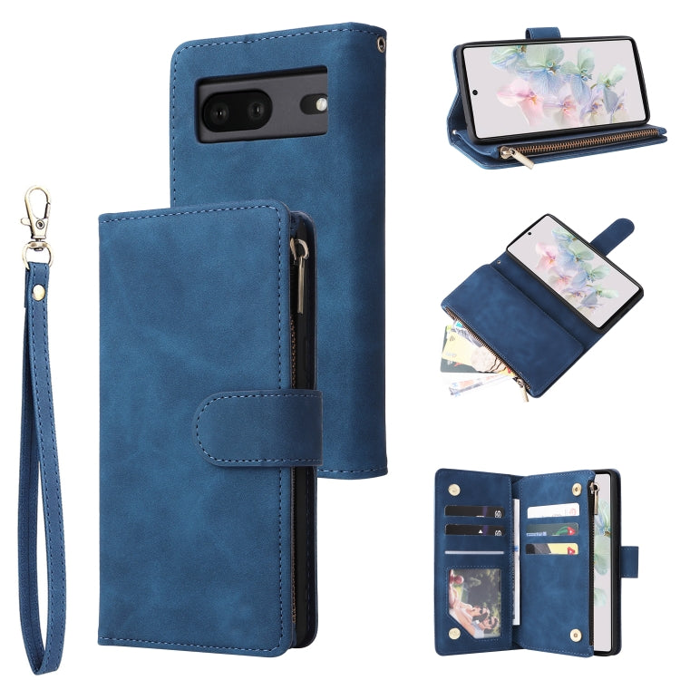 Blue leather phone wallet case with zipper closure, flip cover, and wrist strap.