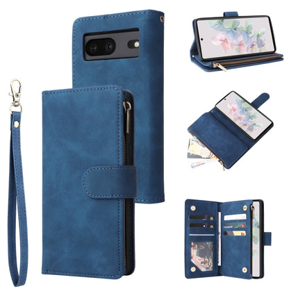 Blue leather phone wallet case with zipper closure, flip cover, and wrist strap.