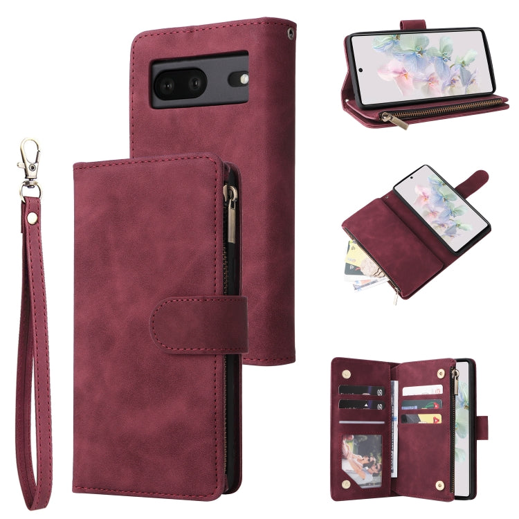 Wine red leather phone wallet case with frosted zipper closure, card slots, and strap.