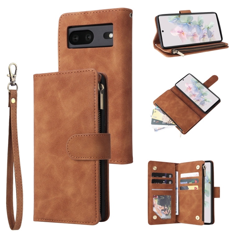 Brown leather phone wallet case with folio cover, zipper, and card compartments.