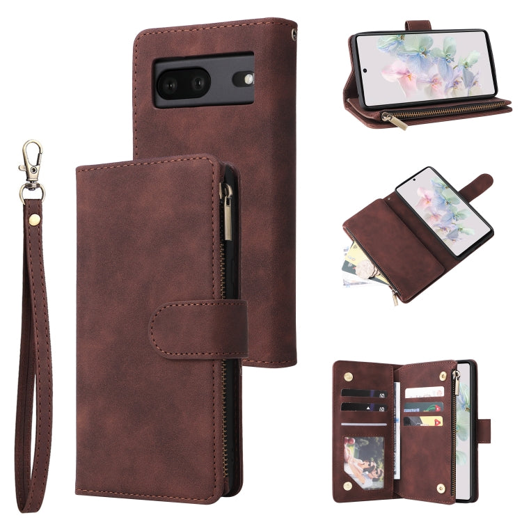 Brown leather wallet phone case with zipper, wrist strap, front card pocket and card slots
