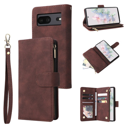 Brown leather wallet phone case with zipper, wrist strap, front card pocket and card slots