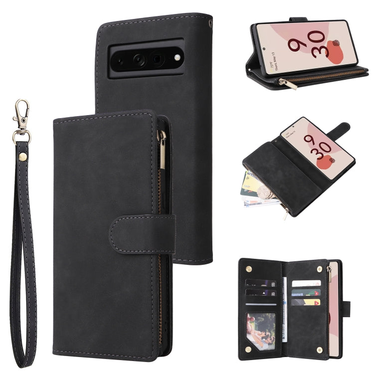 Black leather phone wallet case with wrist strap, zip closure, and card slots.