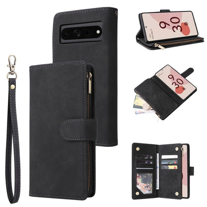 Black leather phone wallet case with wrist strap, zip closure, and card slots.