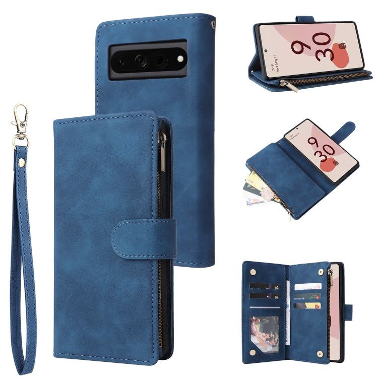 Blue leather phone wallet case with zipper, flip front, and card slots; wrist strap.