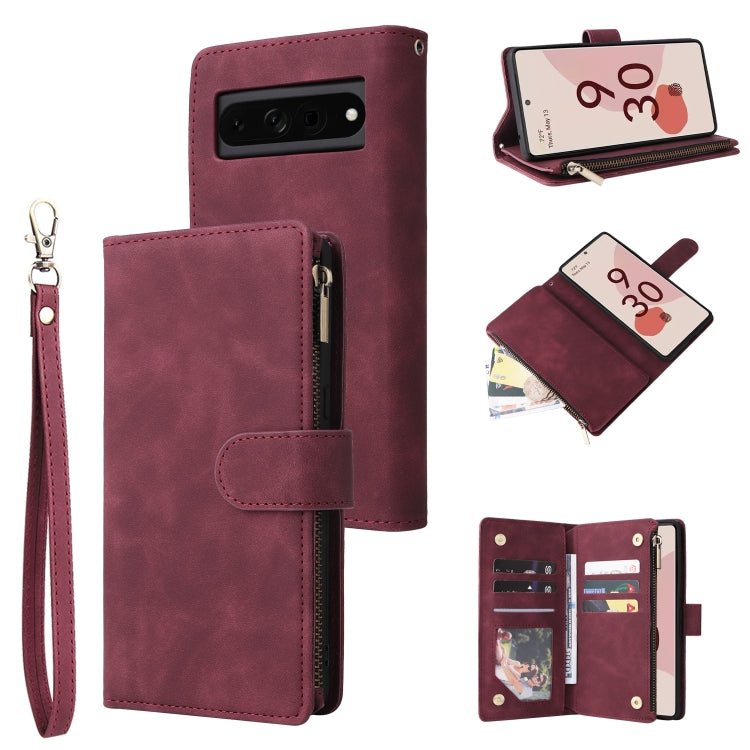 Wine red leather phone wallet case with frosted zipper, card slots, and wrist strap.
