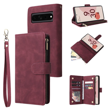 Wine red leather phone wallet case with frosted zipper, card slots, and wrist strap.