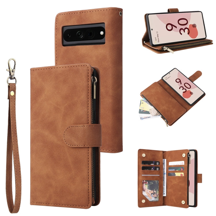 Brown leather zip wallet phone case with wrist strap and card slots.