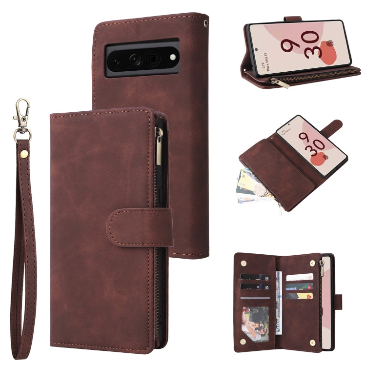 Brown leather wallet phone case with zipper closure, wrist strap, card slots and photo pocket
