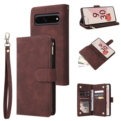Brown leather wallet phone case with zipper closure, wrist strap, card slots and photo pocket