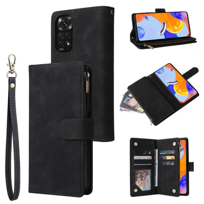 Black leather phone wallet case with wrist strap, zipper pocket, and multiple card slots.