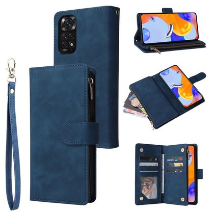 Blue leather phone wallet case with zipper, flip cover, and wrist strap; card holders.