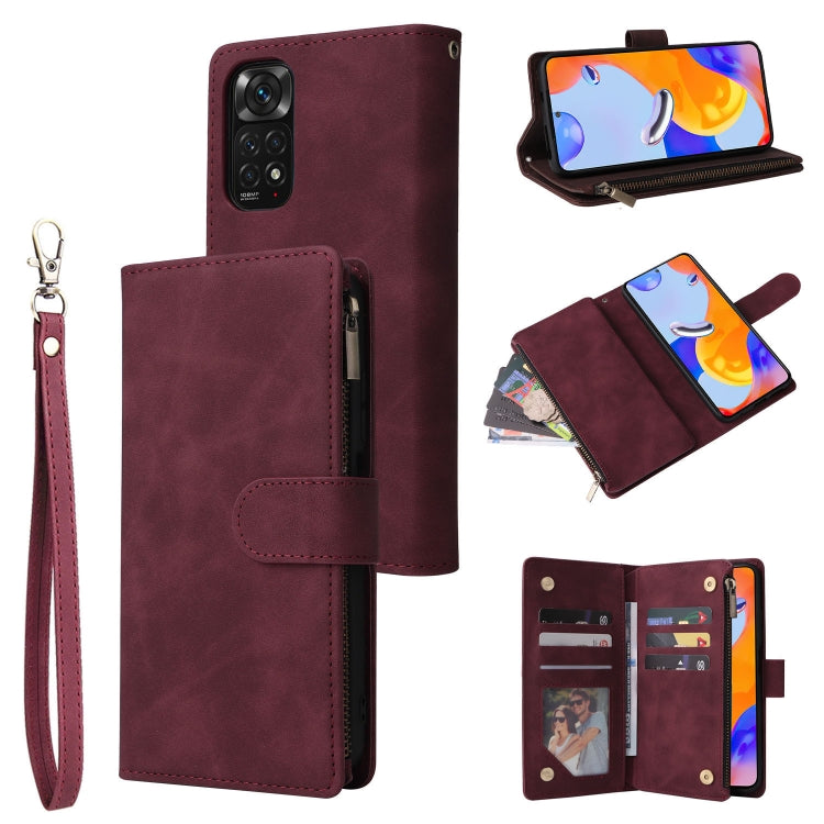 Wine red leather phone wallet case with frosted zipper, card holder slots, and wrist strap.