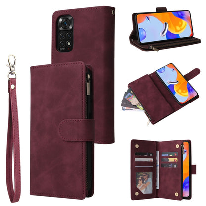 Wine red leather phone wallet case with frosted zipper, card holder slots, and wrist strap.