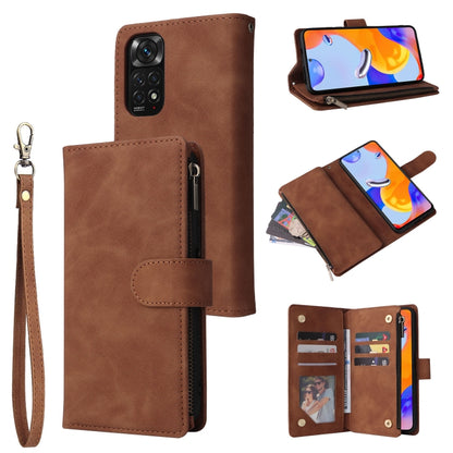 Brown leather phone wallet case with zipper closure and card holder slots.