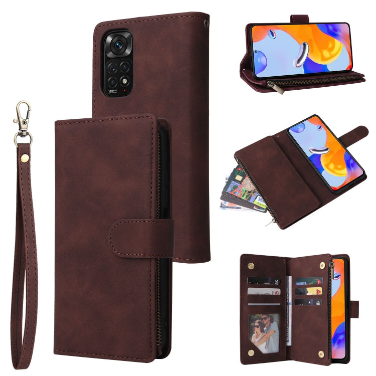Brown leather phone wallet case with zipper, wrist strap, multiple card holders and ID slot