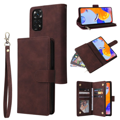 Brown leather phone wallet case with zipper, wrist strap, multiple card holders and ID slot