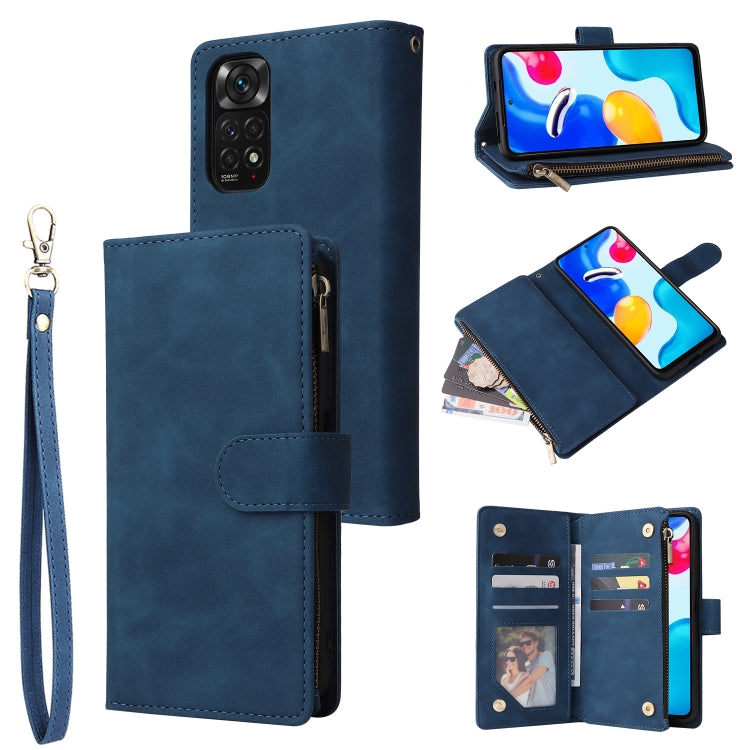Blue leather phone wallet case with zipper closure, flip cover, and wrist strap.