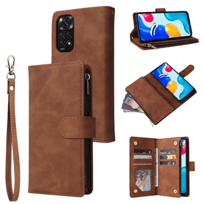 Brown leather phone wallet case with wrist strap, zipper, and multiple card slots.