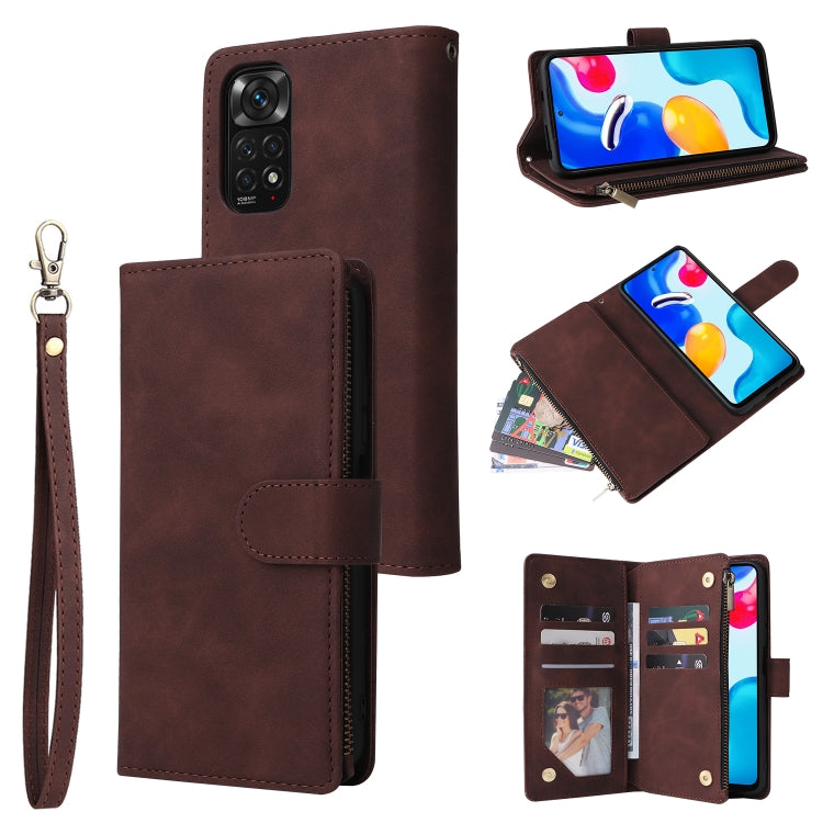 Brown leather folio phone case with zipper, wrist strap, card slots and multi-card holders