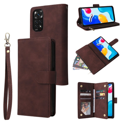 Brown leather folio phone case with zipper, wrist strap, card slots and multi-card holders
