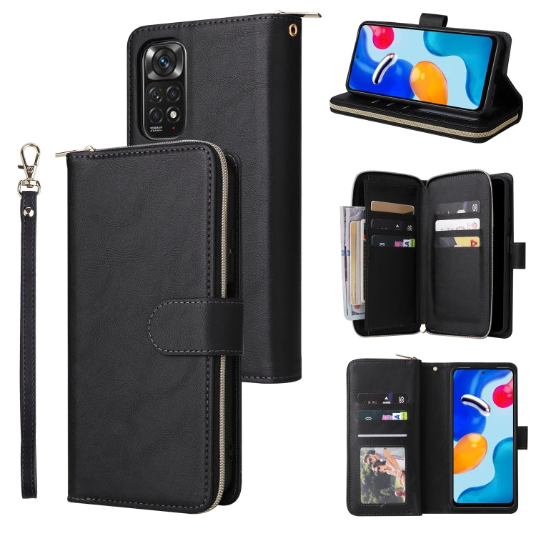 Black leather wallet phone case with zipper, wrist strap, and 9 card slots.