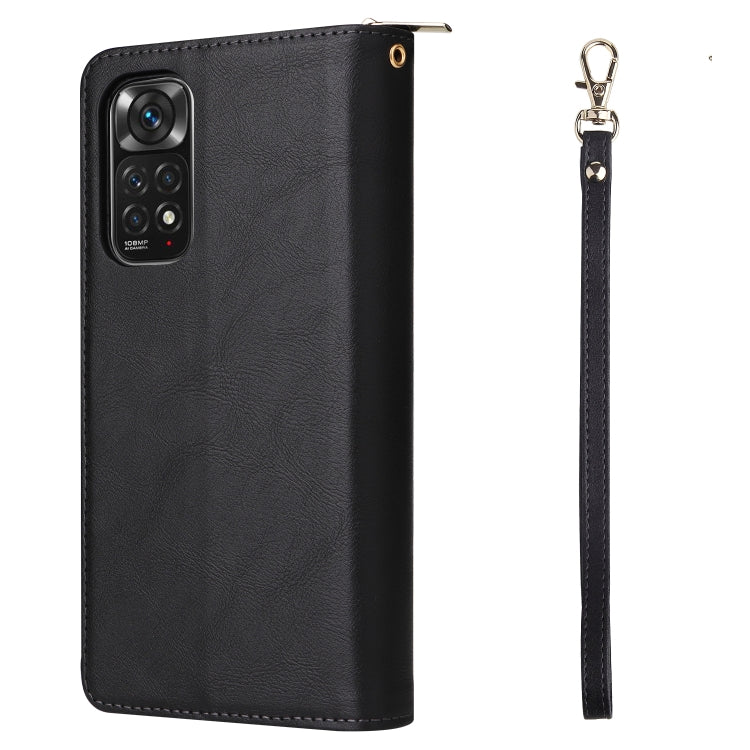 Black leather phone wallet case with zipper and wrist strap, front card holder panel.