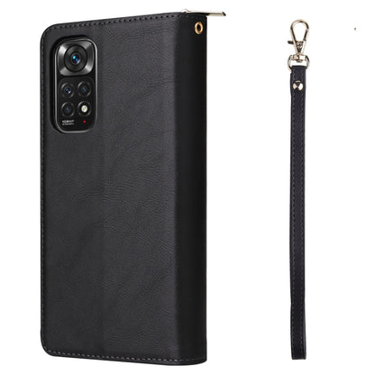 Black leather phone wallet case with zipper and wrist strap, front card holder panel.
