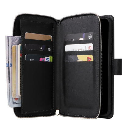 Black leather wallet phone case opened to show card slots, zipper closure.