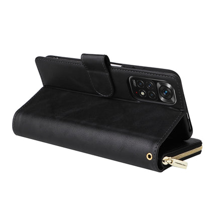 Black leather folio phone case with stand support and wrist strap, zipper closure.
