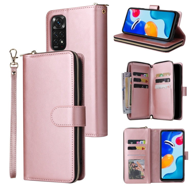 Rose pink leather wallet phone case with zipper, wrist strap, and card slots.