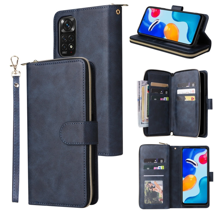 Dark leather zipper phone wallet with wrist strap and 9 card slots, wallet stand view