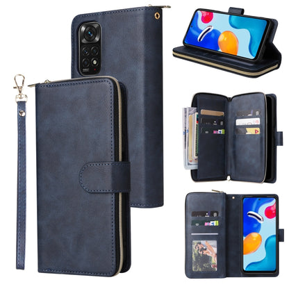 Dark leather zipper phone wallet with wrist strap and 9 card slots, wallet stand view