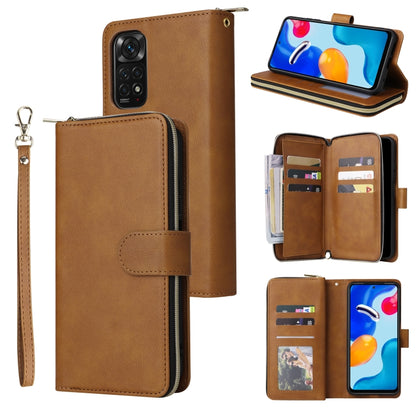 Brown leather zipper phone wallet with wrist strap and 9 card slots, includes stand view
