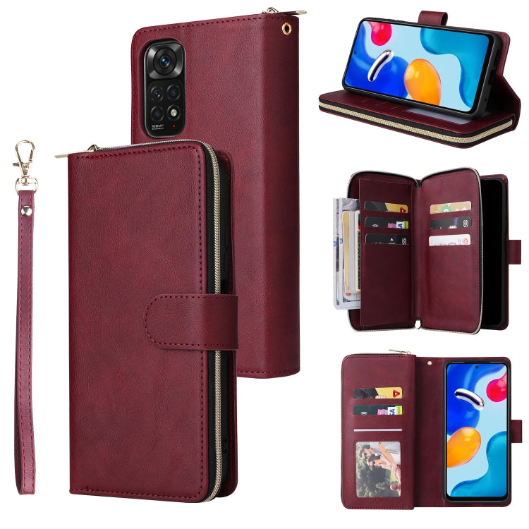 Wine red leather zipper phone wallet with wrist strap and 9 card slots, stand and open views